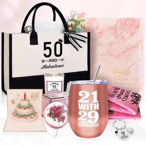 PRICES MAY VARY. 【Practical 10pcs 50th Birthday Gifts for Women】Well-designed happy 50th birthday gifts basket for women contains the most popular 1*12oz rose gold wine tumbler, 1*straw, 1*brush, 1*17"x11.8"x7.8" tote bag, 1*key chain, 1*funny birthday socks, 1*pink bath bomb, 1*pink marble gift box, 1*greeting card with envelope and so on. 【Cool Gifts for 50 Year Old Woman】1974 birthday gifts for women to celebrate a milestone 50th, a funny 50th birthday gifts for women who wants to feel specia 50th Birthday Gag Gifts For Woman, Trendy Gifts For Women 50th Birthday, 50th Birthday Gift Baskets Turning 50, 50 Year Old Women Birthday Gifts, 50th Bday Gifts For Women Funny, Birthday Gift Baskets For Women With Wine, 50th Gifts For Women, Gifts For Fifty Year Old Woman, Birthday Gift Baskets For Best Friend Pink