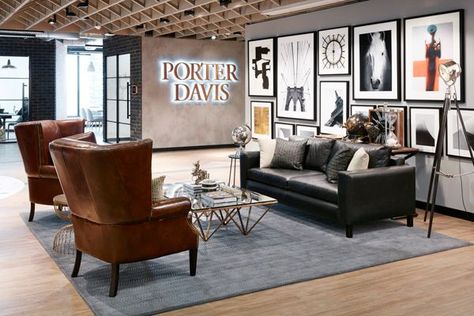 Construction company Porter Davis is radically overhauling its workplace with the help of a former US forensic detective and prisons expert. Masculine Commercial Office, Forensic Detective, Office Reception Seating, Gray Interior Doors, Office Seating Area, Porter Davis, Inmobiliaria Ideas, Lobby Seating, Industrial Office Design