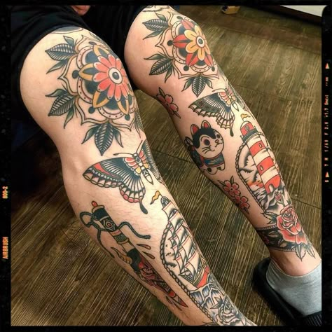 Tattoo Inspiration Colour Tattoo Traditional, Traditional Tattoo Shin, Shin Tattoo Color, Traditional Style Tattoo Sleeve Women, Color American Traditional Tattoos, American Traditional Calf Tattoo, Large American Traditional Tattoo, Shin Tattoo Traditional, American Traditional Shin Tattoo