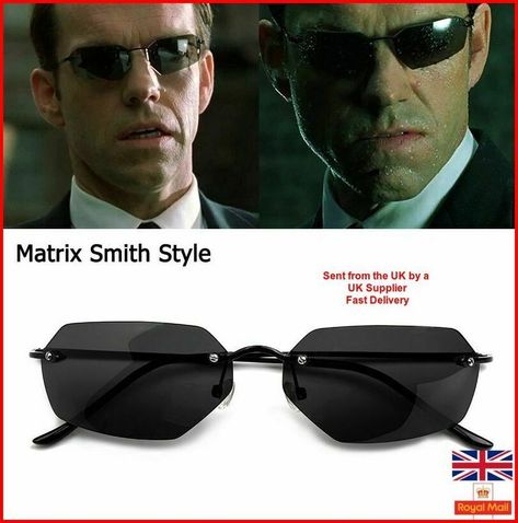 The Matrix Agent Smith Style Polarized Men's Sunglasses Rimless UV Protection Rimless sunglasses, iconic design like those worn by Agent Smith from The Matrix!  Polarized lenses suppresses glare from reflective surfaces to improve quality of vision and reduce discomfort! Sunglasses come complete with case, lens cloth and polarized test card.  Features: Rimless lightweight sunglasses Polarized lenses UV protection Comfortable around nose – soft round nose pads  Specification: Frame Material: allo Matrix Agent Smith, Agent Smith Matrix, Matrix Agent, Smith Matrix, Matrix Sunglasses, Agent Smith, Sunglasses Men Vintage, Men Sunglasses, Movie Fashion