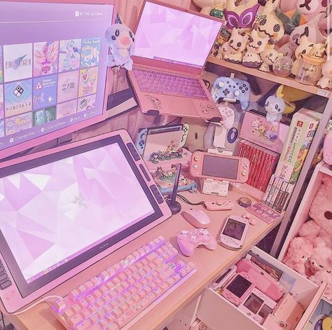 Kawaii Bedroom, Tout Rose, Kawaii Games, Otaku Room, Gamer Room Decor, Video Game Room Design, Video Game Rooms, Pastel Room, Anime Room