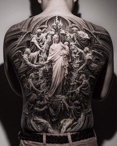 Roman Catholic Art Tattoo, Duomo Tattoo, Chest And Back Tattoo, Mother Mary Tattoos, Adler Tattoo, Catholic Tattoos, Backpiece Tattoo, Chest Ideas, Christ Tattoo