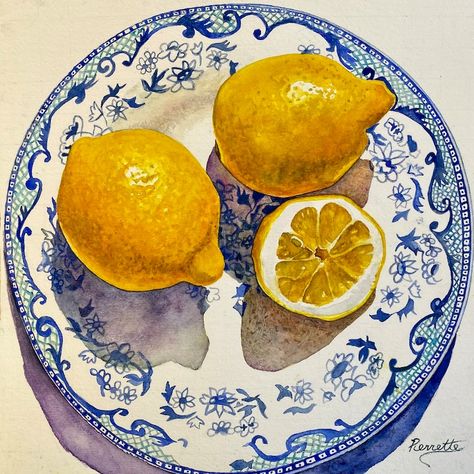 Spode Blue Bowl & Lemons, Watercolor Painting by Pierrette Komarek, 12 X 13 Chinoiserie Decor, Watercolor Lemons, Gift - Etsy Canada Fruit Painted Bowl, Lemon Acrylic Paintings, Lemon Art Paintings, Italy Watercolor Paintings, Amalfi Painting, Bowl Texture, Lemons Watercolor, Lemons Painting, Oil Painting Fruit