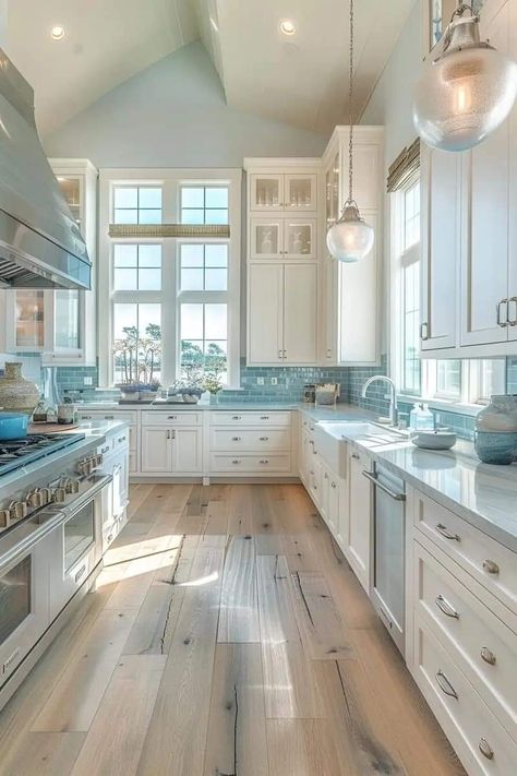 Modern California Coastal Kitchen, Coastal Kitchen Renovation, Farmhouse Beach Kitchen, Coastal Kitchen White Cabinets, Coastal Boho Interior Beach Houses, Beach Condo Kitchen Remodel, Beach House Aesthetic Kitchen, Beach Boho Kitchen, Coastal Ceiling Ideas