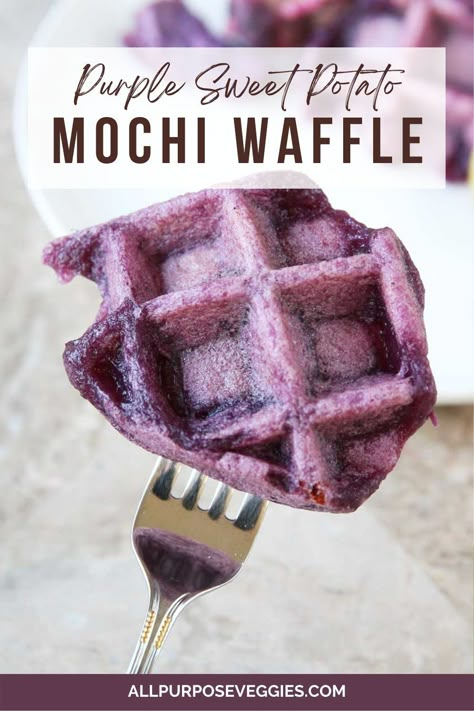 Here’s a gluten free and vegan breakfast waffle recipe that’s made with only 3 ingredients! Made with purple sweet potatoes, also called the Japanese Purple Sweet Potato or Okinawan Sweet Potato, these purple sweet potato mochi waffles are not just pretty, but they’re also delicious, too! Chewy and sweet, these “moffles” are naturally vegan and gluten-free! #healthybaking #easyrecipes #healthysnacks #mochirecipes #healthybreakfast #sweetpotatorecipes #waffles #purplesweetpotato Sweet Potato Mochi Recipe, Sweet Potato Mochi, Japanese Purple Sweet Potato, Purple Potato Recipes, Mochi Waffles, Potato Mochi, Breakfast Waffle Recipes, Sweet Potato Pancakes Recipe, Okinawan Sweet Potato