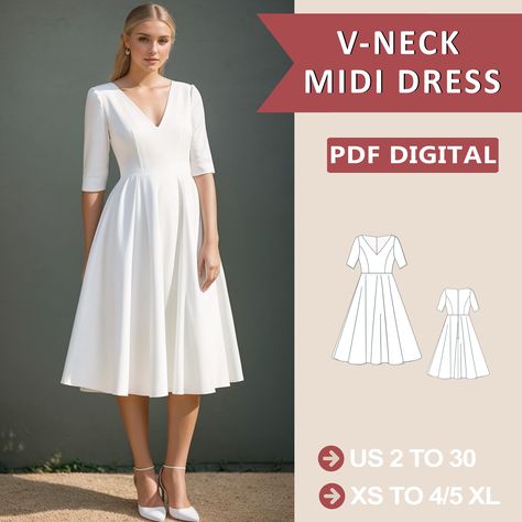 V- Ausschnitt Midi Sommerkleid Schnittmuster, Easy Dress Schnittmuster, Abendkleid, Cocktailkleid, Kreis Kleid Schnittmuster, Abschlussballkleid, XS-4XL Formal Midi Dress Pattern, V Neck Dress Pattern Sewing, Circle Dress Pattern, Pattern Prom Dress, Summer Dress Sewing Pattern, Easy Dress Pattern, Stylish Sewing Patterns, Summer Dress Sewing, Midi Dress Pattern