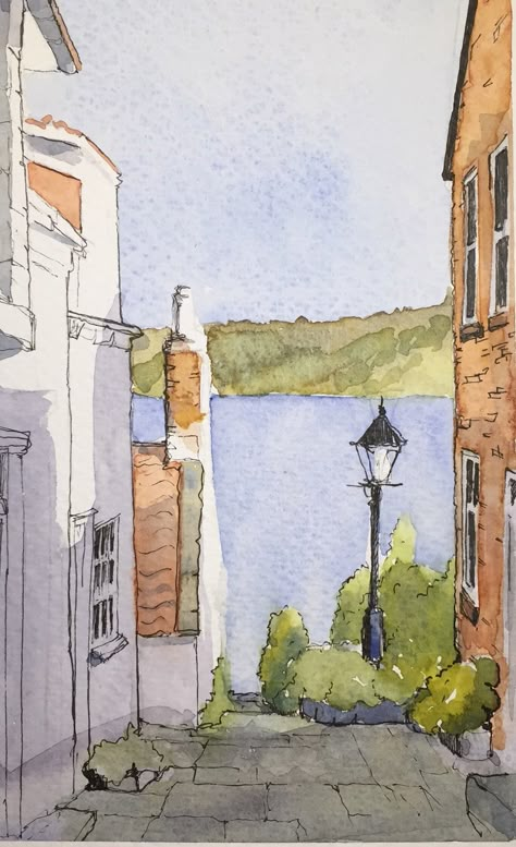 A watercolour sketch of a view to the sea in Runswick Bay North Yorkshire | Flickr - Photo Sharing! John Harrison, Line And Wash, Pen And Wash, Watercolor Architecture, Canvas For Beginners, Watercolor Pictures, Watercolour Inspiration, Watercolor Paintings Easy, 수채화 그림