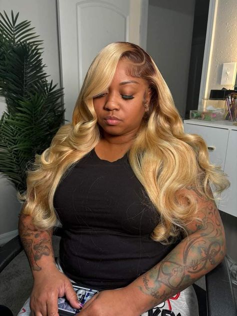 Blondes have more fun ✨ Service : Frontal Wig Install x Roots x Tone 613 Link in Bio or Check Profile Blonde And Brown Roots Wig, Brown Rooted Blonde Hair, Black Roots With Brown Hair, 613 Brown Roots Frontal, 613 Frontal Wig Hairstyles, Brown Roots Blonde Hair Black Women, Blonde Hair Frontal Wig, Dark Roots Honey Blonde Hair, 613 With Brown Roots Wig