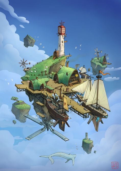 Air Concept Art, Flying Island Art, Hypixel Skyblock Island Ideas, Minecraft Sky Island, Skyblock Island Ideas, Foggy Island, Kodama Tattoo, Sky Whale, Space Island