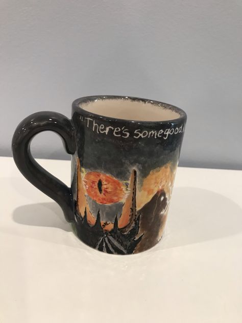 This is a ceramic mug that I painted, inspired by my favorite movies, LOTR! #lordoftherings #ceramics #potterypainting Lotr Mug, Lord Of The Rings Pottery, Lotr Pottery, Ideas Ceramica, Clay Painting, Hand Painted Mug, Painted Mug, My Favorite Movies, Rings Hand