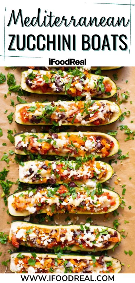 These Mediterranean Zucchini Boats are super tasty with a satisfying flavor! They're great for when you're craving something light and delicious. They're stuffed with peppers, tomatoes, olives, feta, and then they're baked in the oven until they're perfectly warm and flavorful. Try these zucchini boats today and customize them how you like! Zucchini Boats Mediterranean, Mediterranean Zucchini Boats, Greek Zucchini Boats, Stuffed Zucchini Boats With Ricotta And Spinach, Mediterranean Diet Stuffed Peppers, Baked Stuffed Zucchini Boats, Zuchini Boats Baking Recipes, Mediterranean Zucchini Recipes, Stuff Zucchini Boats