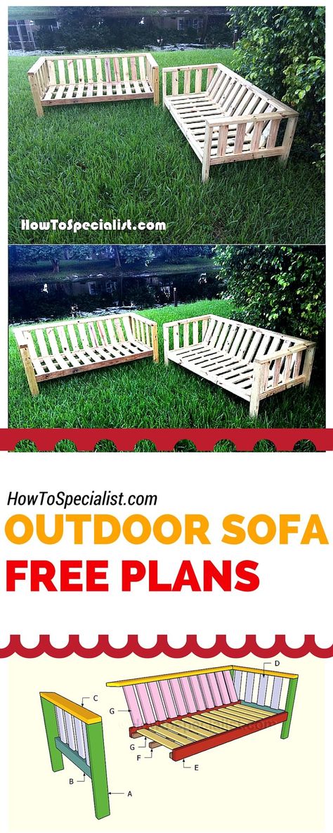 How to build an outdoor sofa - Easy to follow plans and instructions for you to make a backyard couch using just 2x4s! howtospecialist.com #diy #outdoorfurniture Ideas Para Decorar Jardines, Diy Patio Ideas, Outdoor Furniture Plans, Outdoor Couch, Pallet Outdoor, Diy Sofa, Hus Inspiration, Pallet Furniture Outdoor, Free Plans