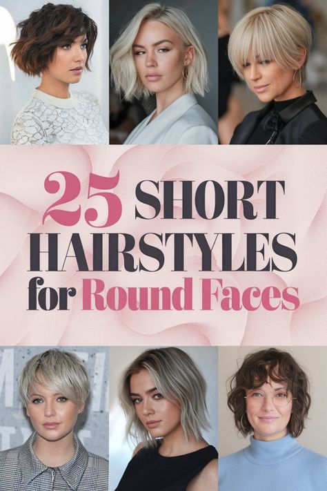 25 short hairstyles for round faces, featuring six women's hairstyles. Short Fine Hair For Round Face, Short Haircut For Round Face Girl, Short Hair Styles Women Round Face, Haircut Style For Round Face Girl, Hair Styles Round Face Over 50, Short Haircuts For A Round Face, Flattering Short Hair For Round Faces, Face Shape For Bangs, Short Hairstyles For Women With Round Faces