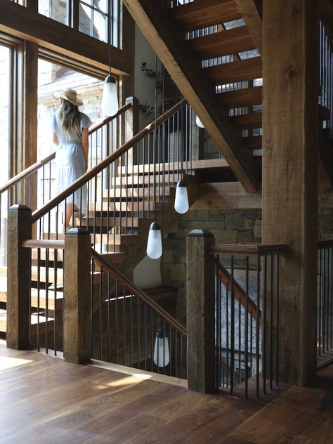 Mountain • Melanie Turner InteriorsMelanie Turner Interiors Industrial Apartment Decor, Melanie Turner Interiors, Yellowstone Club, Mountain Modern Home, Rustic Stairs, Coastal Cottage Decorating, Industrial Apartment, House Staircase, Montana Homes