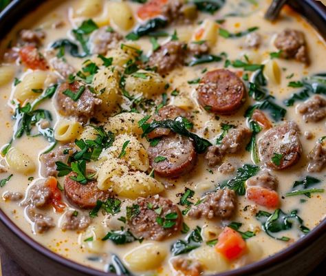 Creamy Parmesan Italian Sausage Soup, Sausage Soup Crockpot, Sausage Parmesan, Sausage Soup Recipes, Parmesan Soup, Comfort Soup Recipes, Italian Sausage Soup, Italian Sausage Recipes, Italian Soup