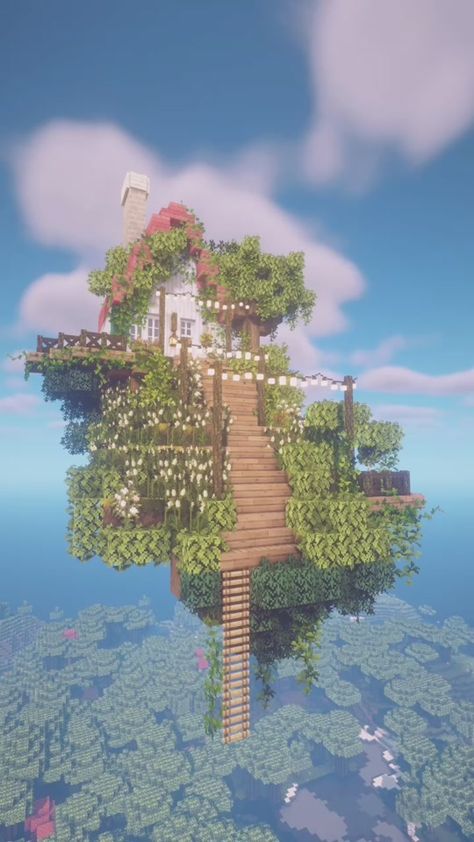 House in the sky ☁️🌷 #minecraft #aestheticminecraft #cottagecore #fyp #gamergirl #cottagecoreminecraft #goblincore Minecraft Cute Base Ideas, Sky Base Minecraft Ideas, Goblincore Minecraft House, Minecraft Sky House Ideas, Goblincore Minecraft Builds, Minecraft House In The Sky, Cute Cherry Blossom Builds Minecraft, House In The Sky Minecraft, Sky House Minecraft