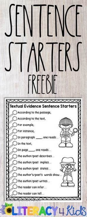 Enjoy this free printable: Textual Evidence Sentence Starters! Text Evidence Sentence Starters, Writing Layout, Third Grade Lessons, Read 180, Mentor Sentences, Textual Evidence, Writing Folders, Teacher Wear, Teaching Language