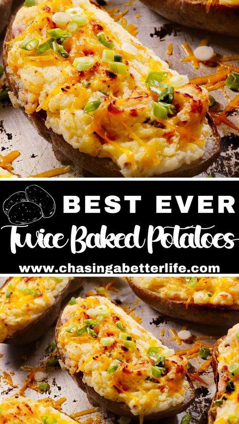 Loaded twice baked potatoes are an indulgently delicious side dish. They are easy but impressive and loaded with flavor. Best of all, they can be made ahead of time and frozen, then served whenever you need a delicious side dish. The Best Twice Baked Potatoes, Twice Stuffed Baked Potatoes, Frozen Baked Potatoes, Make Ahead Twice Baked Potatoes, Double Stuffed Potatoes, Loaded Twice Baked Potatoes, Double Baked Potatoes, Twice Baked Potatoes Recipe, Best Twice Baked Potatoes