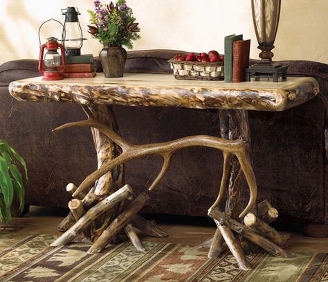 Aspen Elk Antler Console/Sofa Table Camo Furniture, Transitional Living Room Furniture, Meja Sofa, Driftwood Furniture, Furnitur Ruang Keluarga, Rustic End Tables, Console Sofa Table, Cabin Furniture, Antler Art