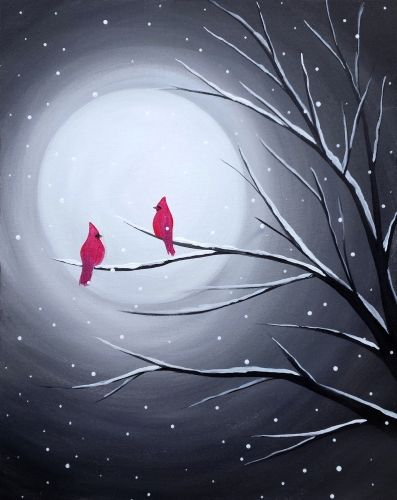 Cardinals In The Snow Winter Scenes, Winter Cardinal Painting Easy, Easy Cardinal Painting, Easy Xmas Paintings, 4 X 4 Canvas Painting Ideas, Easy Acrylic Christmas Paintings, Valentines Acrylic Painting, Christmas Paint Party Ideas, Cardinal Painting Easy