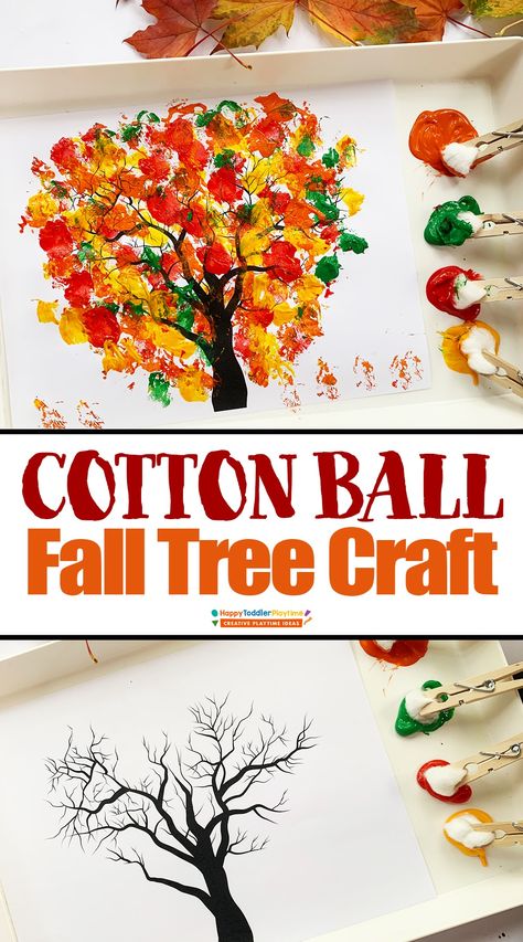 Cotton Ball Fall Tree Craft - Happy Toddler Playtime Fall Tree Craft, Cotton Ball Crafts, Fall Tree Painting, Preschool Crafts Fall, Toddler Painting, October Activities, Fall Preschool Activities, October Crafts, Fun Fall Crafts