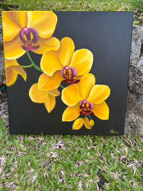 Yellow Flower Painting Easy, Acrylic Pattern Painting, Flower Painting Canvas Acrylic, Orchid Painting Acrylic, Flower Painting Canvas Abstract, Realistic Flower Painting, Orchid Flower Painting, Painting Inspiration Acrylic, Painting Orchids