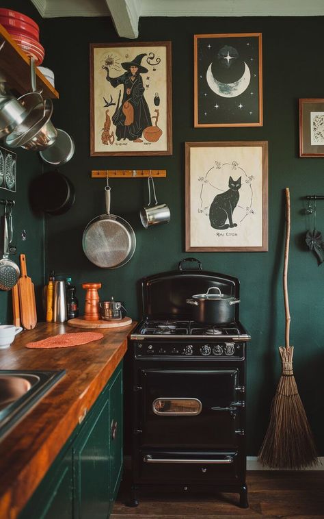 17 Witchy Kitchen Ideas for a Bewitching Cooking Space Folk Victorian Kitchen, How To Hang Pots And Pans On Wall, Homey Kitchen Decor, Coquette Kitchen Aesthetic, Witchy Kitchen Paint Colors, Whimsigoth Kitchen Aesthetic, Cottage Witch Kitchen, Gothic Boho Kitchen, Fairy Core Kitchen