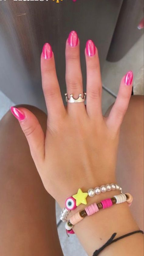 Hot Pink And White Gel Nails, Hot Pink Nails With Chrome, Hot Pink Chrome Nails, Hot Pink Chrome, Hoco Nails, White Gel Nails, Pink Halo, Pink Chrome Nails, Squoval Nails