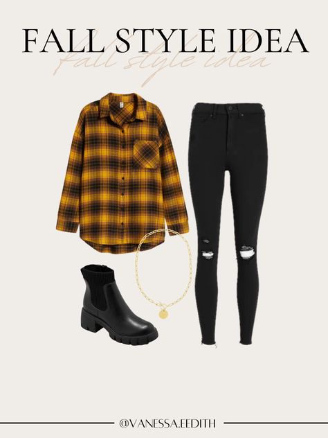 Flannel Outfit, Fall fashion, black booties, black skinny jeans, chain necklace Flannel Outfit Ideas, Flannel Outfit Fall, Jeans Chain, Flannel Outfits, Outfit Fall, Fashion Black, Black Skinnies, Black Booties, Style Ideas