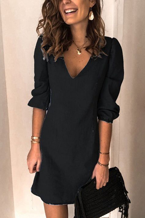 Cuffed Sleeve Dress, Denim Style Casual, Moda Denim, Dress Sleeve Length, Mode Jeans, Mode Casual, Half Sleeve Dresses, Vestido Casual, Denim Overalls