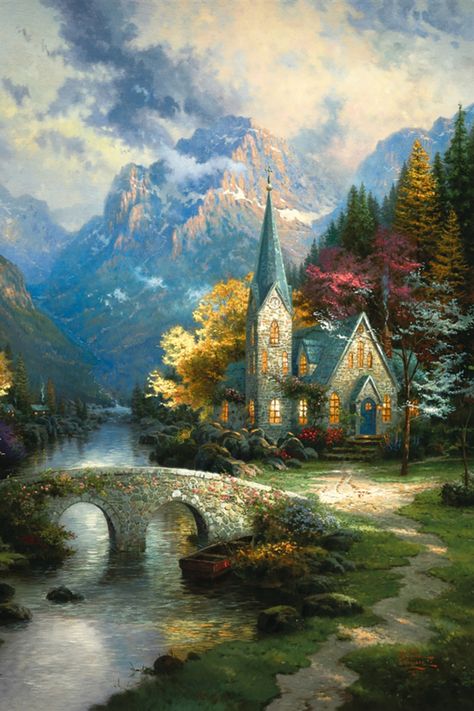 Mountain Chapel, Thomas Kinkade Art, Thomas Kinkade Paintings, Thomas Kincaid, Kinkade Paintings, Sunday Inspiration, Mountain Landscape Painting, West Art, Cottage Art