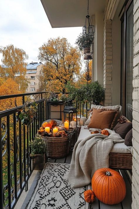 Cozy Fall Decor Ideas: Get ready to snuggle up with these 20 autumn-inspired decorating tips, from rustic porch decorations to warm centerpiece ideas. Create a welcoming atmosphere in your home this season! Check it out and start decorating! #fall #falldecor #fallvibes #aesthetic #fallautumn #autumn #fallaesthetic #orange #houseinspo #white Fall Balcony Decor Apartment, Fall Balcony Decor, Narrow Patio Ideas, Fall Balcony, Apartment Porch Decor, Autum Decorations, Girly Bathroom Decor, Fall Patio, Apartment Ideas Aesthetic