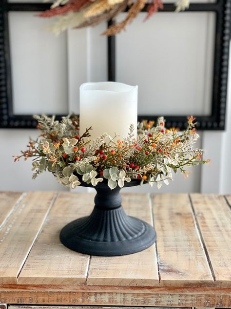 Fall Orange /burnt Orange/rust Color Berry Candle Ring Weathered Flock Eucalyptus Lavender Flowers Greenery ,decor for Autumn Large 12in/6in - Etsy Front Window Table Decor, Neutral Fall Centerpiece, Fall Centerpieces For Round Table, Candle Tablescapes, Autumn Tablescapes, Tabletop Floral Arrangements, Orange Centerpieces, Berry Candle, Boho Autumn