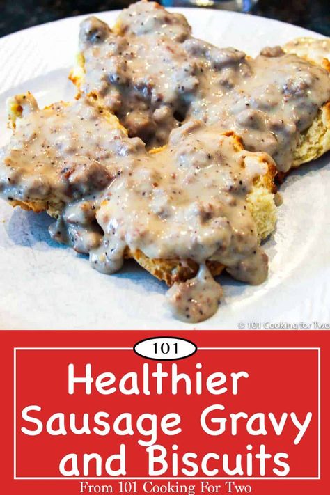 Biscuits and Gravy are classic comfort food. Now, with this low-fat version, you can enjoy your favorite without by-pass surgery. One biscuit (two halves) plus sausage gravy goes from 540 calories to 216 (60% lower). The fat drops from 34 grams to only 3 (over 90% lower)—amazing. Low Fat Biscuits, Gravy And Biscuits, Healthy Biscuits, Sausage Gravy And Biscuits, Best Healthy Diet, Cucumber Diet, Best Diet Foods, Baking Powder Uses, Healthy Eating Diets