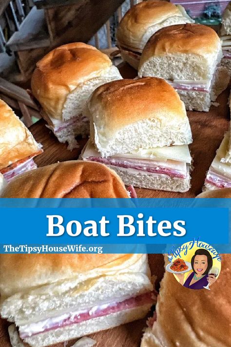 The photo shows little sandwiches made with Hawaiian Dinner roles, cold cuts, cheese and your choice of toppings. The brightly colored banner displays the name of the recipe, "Boat Bites." Camping Sandwiches Cold, Easy To Go Sandwiches For Cooler, Potluck Sandwiches Cold, Hawaiian Roll Sliders Make Ahead, Easy Hawaiian Roll Sandwiches, Make Ahead Hawaiian Roll Sandwiches, Deli Sliders Cold, Make Ahead Slider Sandwiches, Boat Day Sandwiches