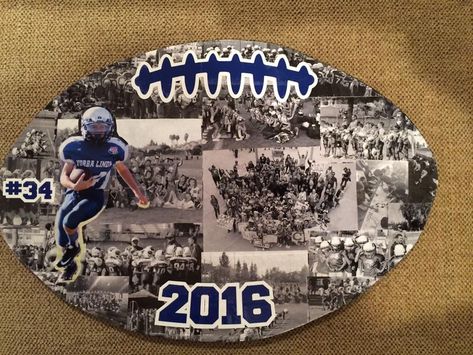 Super easy super cheap football plaque. DIY Football Team gift. End of season banquet decorations. Action shots. Football Senior Serve Table Ideas, End Of Year Football Party Ideas, Football Plaque Ideas, End Of Year Banquet Ideas, Football Gifts For Players Diy, Football Team End Of Season Gifts, Diy Football Coach Gifts, Diy Football Team Gifts, Senior Baskets Gift Ideas Football