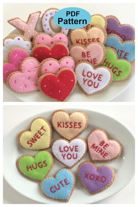 Felt Valentine Cookies Sewing Pattern Valentine Sewing Projects, Valentines Sewing Projects, Grandma Crafts, Felt Crafts Diy, Diy Cookie, Valentine Projects, Fabric Toys, Valentine Cookies, Sewing Projects For Kids