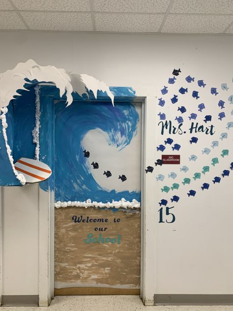 Beach Door Decorations Classroom, Beach Door Decoration, Classroom Beach Decor, Beach Theme Classroom Door, Ocean Door Decorations Classroom, Beach Classroom Door, Ocean Decorations For The Classroom, Ocean Theme Classroom Door, Beach Theme Door