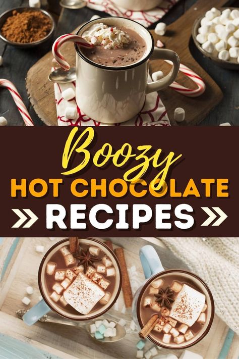 Boozy Hot Chocolate Recipes Potluck Ideas Christmas, Winter Potluck Ideas, Hot Cocoa Ideas, Adult Hot Chocolate, Vodka Hot Chocolate, Spiked Mexican Hot Chocolate, Chocolate Cocktail Recipes, Spiked Hot Chocolate Recipe, Ski Ideas