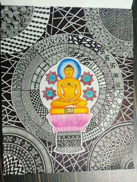 Mahavir Swami Mahavir Swami Mandala Art, Mahavir Swami Painting, Bhagwan Mahavir Swami Painting, Jain Paintings, Mahavir Swami, Easy Mandala, Children Praying, Easy Mandala Drawing, Jain Temple