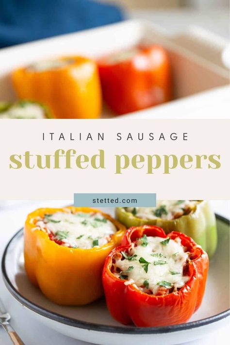 Filled with zesty Italian sausage, rice, and tomatoes, this flavorful Italian stuffed peppers recipe always satisfies. Don’t forget the cheese! https://www.stetted.com/italian-stuffed-peppers/ Homemade Italian Sausage Recipes, Easy Italian Sausage Recipes, Italian Sausage Rice, Italian Sausage Stuffed Peppers, Rice And Tomatoes, Fresh Produce Recipes, Sausage Stuffed Peppers, Homemade Italian Sausage, Italian Stuffed Peppers