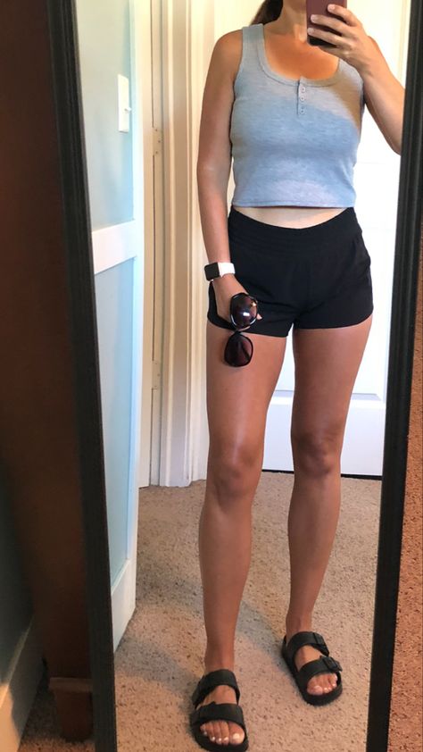 Black Running Shorts Outfit Summer, Grey Shorts Outfit Summer, Black Running Shorts Outfit, Athletic Tank Tops Outfit, Black Athletic Shorts Outfit, Shorts And Tank Top Outfits, Grey Tank Top Outfit, Running Shorts Outfit, Grey Shorts Outfit