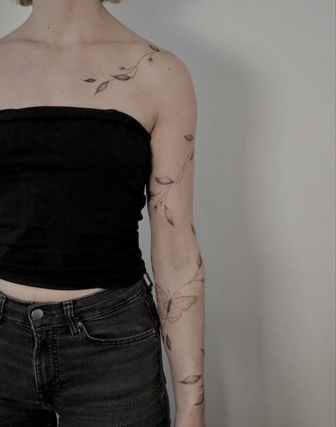 Arm Ivy Tattoo, Shoulder Vein Tattoo, Wrap Around Arm Tattoo Vines, Vines On Arms Tattoo, Vine Wrap Sleeve Tattoo, Floral Vine Sleeve Tattoos For Women, Floral Vine Wrapped Around Arm Tattoo, Vines On Shoulder Tattoo, Vines On Arm Tattoo