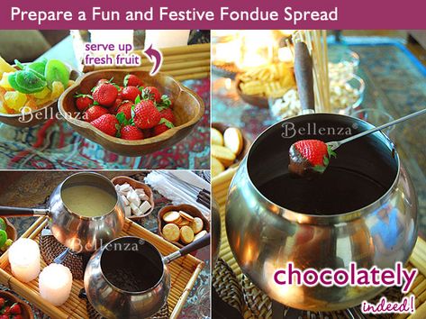 Serving suggestions for a fondue party - fresh fruit bites in melted cheese and chocolate sauce dips Fondue Bar, Fondue Restaurant, Cheese And Chocolate, Wedding Food Stations, Wedding Snacks, Drinks Ideas, Fondue Party, Party Spread, Fondue Recipes