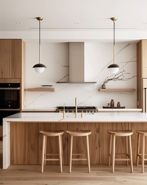 ✨ Modern Elegance Meets Functionality ✨ Step into a kitchen where sleek design and natural warmth come together seamlessly. The airy white countertop and backsplash with striking wood cabinets create a space that's both inviting and sophisticated. 🌿✨ This modern kitchen features: 🔸 Clean lines and minimalist aesthetics 🔸 A stunning white marble backsplash 🔸 Elegant gold fixtures 🔸 Warm wood elements adding a touch of nature Every detail has been thoughtfully curated to offer not just a coo... Wood Slat Ceiling Kitchen, Kitchen Ideas White Countertops, Post Modern Kitchen, Natural Wood And White Kitchen, White And Wood Interior Design, Marble Modern Kitchen, Kitchen Marble Design, Modern Warm Kitchen, Wood And Marble Kitchen