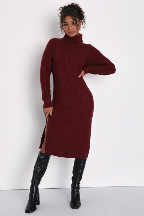 Jumper Dress Outfit Winter, Red Jumper Dress, Dress Boots Outfit, Jumper Dress Outfit, Burgundy Sweater Dress, Red Knit Dress, Curly Hair Inspo, Sweater Midi Dress, Cable Knit Dress