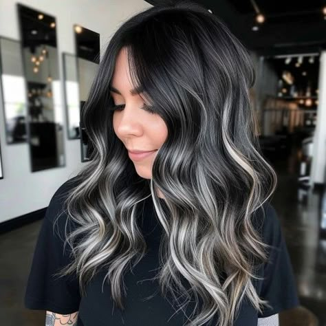 Silver Balayage Curly Hair, Black Silver Ombre Hair Short, Black With Ash Highlights, Ashy Dark Balayage, Dark Brown Hair With Blonde Dimension, Black Hair With Gray Money Piece Highlights, Brown Hair White Blonde Highlights, Money Piece With Shadow Root, Silver Ash Balayage On Dark Hair