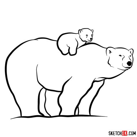 How to draw a polar bear mom with a baby bear on her back Draw A Polar Bear, Nature Drawing For Kids, Polar Bear Coloring Page, Polar Bear Tattoo, Polar Bear Drawing, Urs Polar, Hat Drawing, Easy Drawing Guides, Polar Bear Art