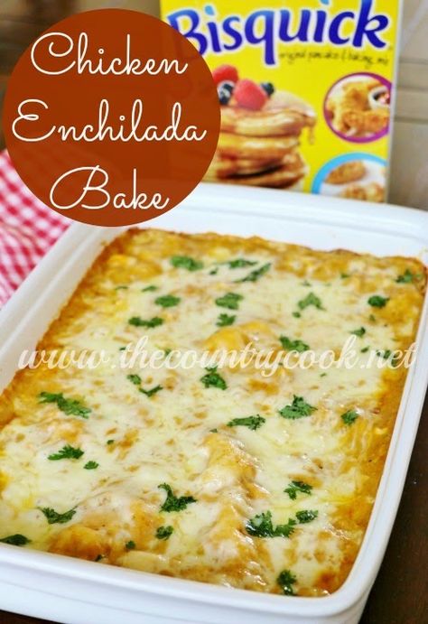 Chicken Enchilada Bake recipe. Simple recipe using simple ingredients from the pantry. www.thecountrycook.net | #GetYourBettyOn Bisquick Chicken, Chicken Enchilada Bake, Enchilada Bake, Bisquick Recipes, Country Cook, The Country Cook, Chicken Enchilada, Yummy Casseroles, Country Cooking