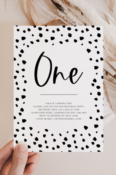 Dalmatian 1st Birthday Invitation A monochrome dalmatian pattern design, simple and modern - perfect for your next party! #dalmatian #birthday #happybirthday #birthdaycards #birthdayparty #firstbirthday #turningone #onederful 101 Dalmatians First Birthday, Dalmatian Birthday Party, 101 Dalmatians Party, Dalmation Party, 101 Dalmations Party, Pattern Design Simple, Dalmatian Birthday, Dalmatian Party, Dalmatian Pattern